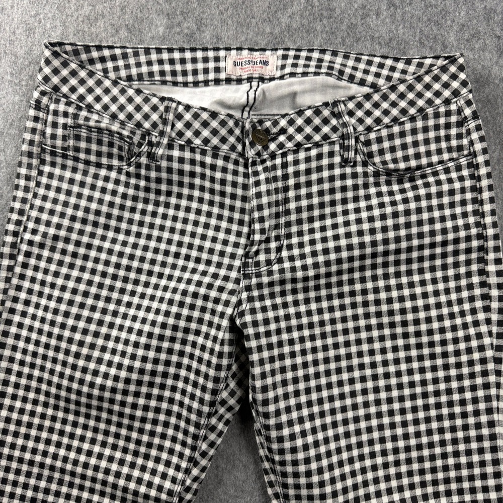 VTG Guess Jeans Womens 29x26 Skinny Pants Black Gingham Checkered Stretch USA